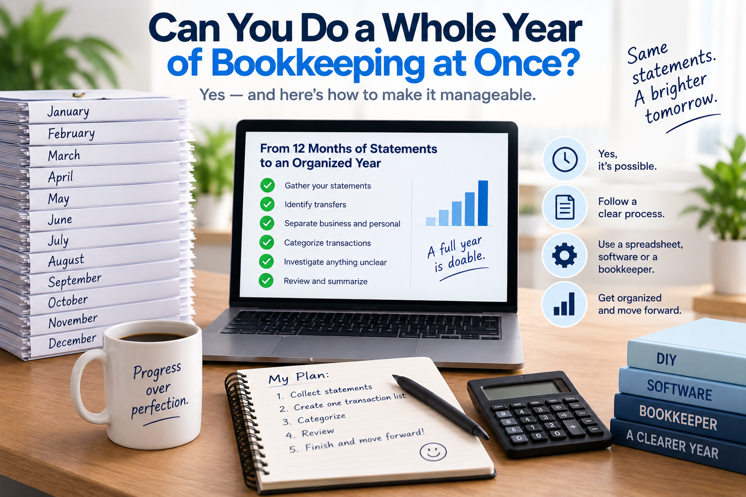 A clearer year of bookkeeping — reconstructing a full year of transactions from bank and credit-card statements, one account at a time, into an organized annual summary