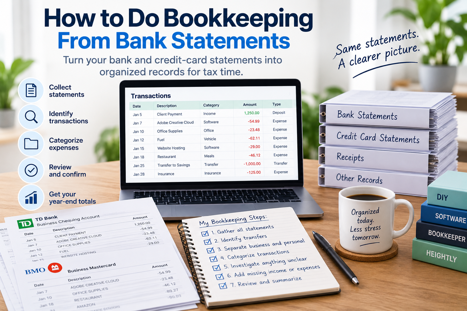 Turning bank and credit-card statements into organized bookkeeping — gather statements, build one transaction list, identify transfers, separate business from personal, categorize, and review the completed year