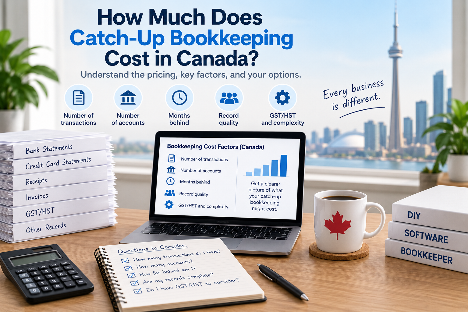 Catch-up bookkeeping cost factors in Canada — number of transactions, number of accounts, months behind, record quality, and GST/HST and complexity — shown alongside a desk with bank statements, receipts and a laptop