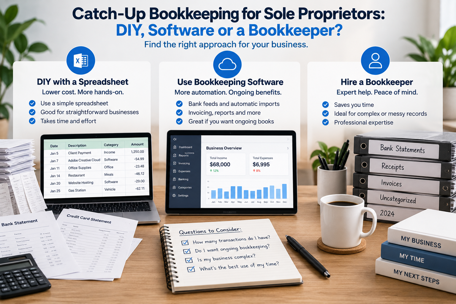 Three approaches to catch-up bookkeeping for sole proprietors — DIY with a spreadsheet, bookkeeping software, or hiring a bookkeeper — shown with a laptop spreadsheet, a software dashboard and binders of bank statements and receipts