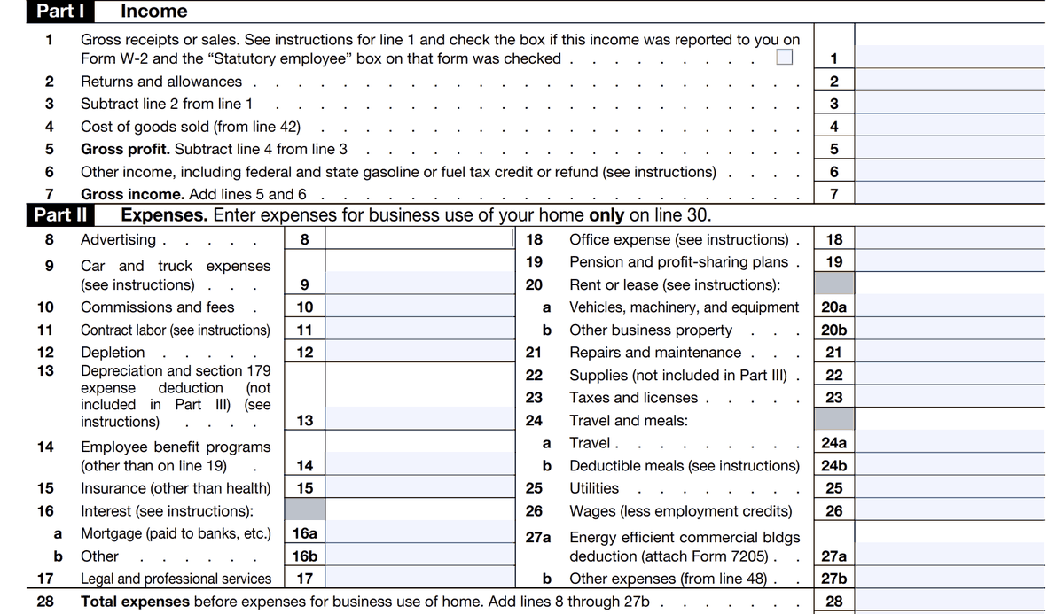 Form 1040 Schedule C, Part I Income and Part II Expenses, showing the numbered expense lines 8 through 27b